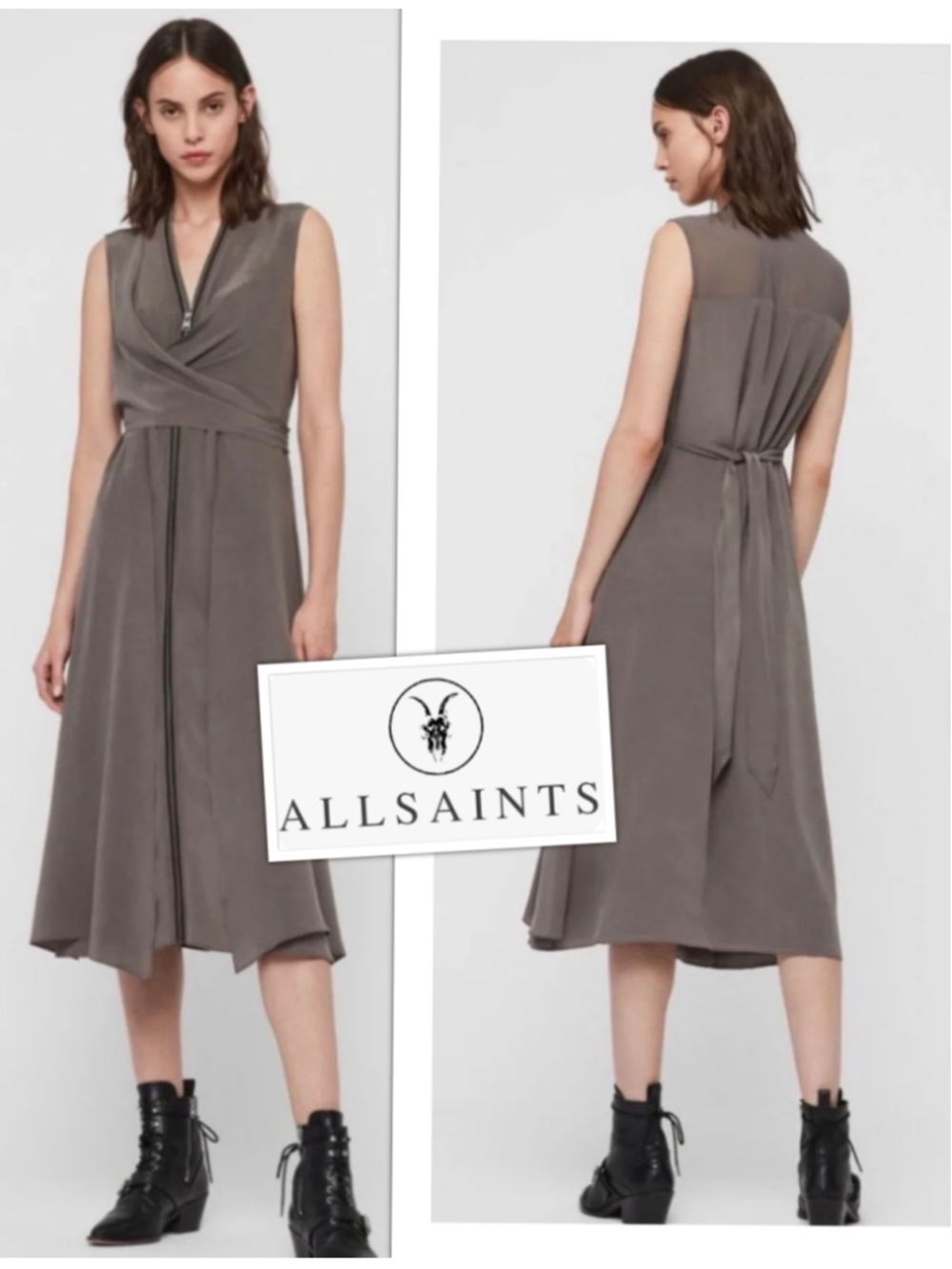 All Saints 100% Silk Edgy Designer Shimmery Grey Midi Zipper Whimsigoth Dress Lg